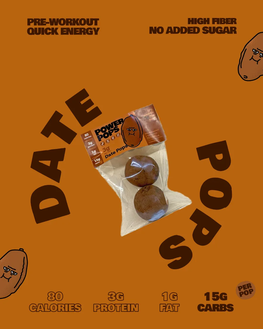 Date Pops — pre-workout quick energy, 80 cal, 3g protein, 15g carbs